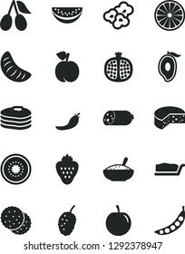 Solid Black Vector Icon Set - sausage vector, cheese, cake slice, a bowl of rice porridge, popcorn, strawberry, biscuit, pancakes, peach, half pomegranate, cornels, tasty mulberry, mango, tangerine