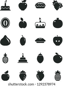 Solid Black Vector Icon Set - cake vector, birthday, torte, pie, apple, a pineapple, pomegranate, branch of grape, apricot, red, tasty, raspberry, strawberry, fig, mulberry, half melon, tamarillo
