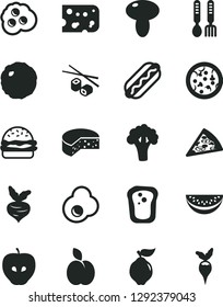 Solid Black Vector Icon Set - iron fork spoons vector, piece of cheese, pizza, Hot Dog, burger, mushroom, cabbage, Chinese chopsticks, fried egg, omelette, apple, sandwich, quince, tasty, beet