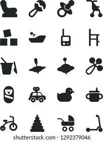 Solid Black Vector Icon Set - dummy vector, mug for feeding, beanbag, baby rattle, chair, carriage, sitting stroller, duckling, children's bathroom, stacking toy, motor vehicle present, phone, a
