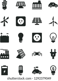 Solid Black Vector Icon Set - incandescent lamp vector, saving light bulb, power socket type b, charging battery, solar panel, windmill, wind energy, accumulator, hydroelectricity, electric plug