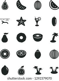 Solid Black Vector Icon Set - orange slice vector, melon, water, date fruit, of tangerine, lime, kiwi, half, tamarillo, guawa, pineapple, grapefruit, ripe guava, part, beach, palm tree, cocktail