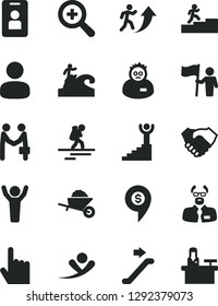 Solid Black Vector Icon Set - zoom vector, garden trolley, index finger, man, hand shake, scientist, arrow up, carrer stairway, winner, hands, hold flag, agreement, flying, dollar pin, backpacker