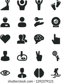 Solid Black Vector Icon Set - women vector, footprints, workman, employee, heart, index finger, eye, lens, woman, man, brain, artifical insimination, winner stairway, hold world, hands up