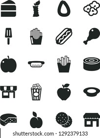 Solid Black Vector Icon Set - kiosk vector, stick of sausage, cheese, canned goods, Hot Dog, mini, piece cake, a plate milk, chicken leg, French fries, fried potato slices, popcorn, cup, popsicle