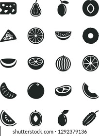 Solid Black Vector Icon Set - piece of cheese vector, pizza, bacon, plum, water melon, slice, delicious, tangerine, lemon, sour lime, half orange, coconut, pineapple, grapefruit, part guava