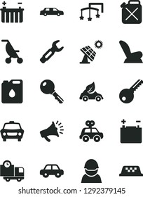 Solid Black Vector Icon Set - toys over the cot vector, car child seat, summer stroller, motor vehicle, present, key, delivery, big solar panel, accumulator, battery, racer, canister, of oil, eco