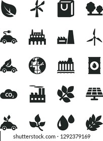 Solid Black Vector Icon Set - bag with handles vector, solar panel, leaves, leaf, windmill, wind energy, oil, hydroelectricity, trees, industrial building, thermal power plant, factory, drop, CO2