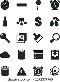 Solid Black Vector Icon Set - danger of electricity vector, alarm clock, minus, dollar, download archive data, chest drawers, putty knife, key, picture, tin, Chupa Chups, strawberries, cornels, atom