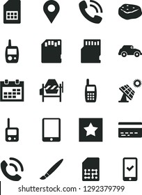Solid Black Vector Icon Set - tassel vector, calendar, bank card, toy phone, mobile, concrete mixer, call, piece of meat, big solar panel, retro car, SIM, location, tablet pc, sd, star, registration