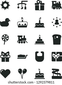 Solid Black Vector Icon Set - toys over the cradle vector, bib, baby duckling, toy train, children's, colored air balloons, cake, birthday, heart, gift, Easter, slice, torte, lollipop, giftbox, sun