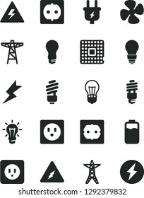 Solid Black Vector Icon Set - danger of electricity vector, saving light bulb, power socket type b, f, lightning, fan screw, charge level, line, pole, plug, energy, processor