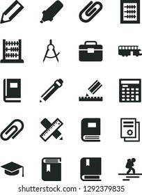 Solid Black Vector Icon Set - clip vector, graphite pencil, book, new abacus, e, portfolio, writing accessories, drawing, square academic hat, scribed compasses, text highlighter, bus, backpacker