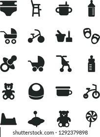 Solid Black Vector Icon Set - dummy vector, mug for feeding, bottle, measuring, diaper, baby bib, stroller, carriage, sitting, toy sand set, children's potty, chair, a child, teddy bear, small, yule