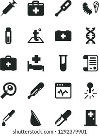 Solid Black Vector Icon Set - first aid kit vector, electronic thermometer e, mercury, bag of a paramedic, medical, temperature, cardiogram, garlic, research article, test tube, dna, bactery, room