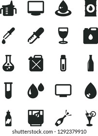 Solid Black Vector Icon Set - measuring cup for feeding vector, drop, a glass of tea, liquor, flask, oil, canister, bottle, monitor, test tube, pipette, champagne, cocktail