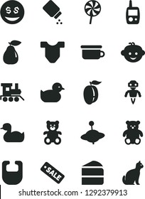Solid Black Vector Icon Set - baby powder vector, bib, Child T shirt, rubber duck, duckling, toy mobile phone, children's potty, teddy bear, small, hairdo, train, yule, piece of cake, lollipop, pear