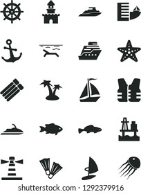 Solid Black Vector Icon Set - anchor vector, small fish, sea port, lighthouse, sand castle, sail boat, hotel, beach, palm tree, starfish, flippers, handwheel, life vest, jet ski, cruiser, yacht