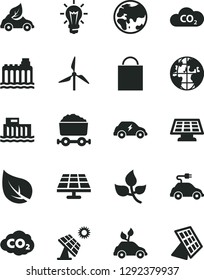 Solid Black Vector Icon Set - paper bag vector, solar panel, big, leaves, leaf, windmill, planet, hydroelectric station, hydroelectricity, eco car, environmentally friendly transport, electric, CO2
