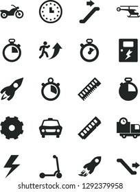 Solid Black Vector Icon Set - truck lorry vector, lightning, stopwatch, child Kick scooter, dangers, timer, car, delivery, rocket, space, wall watch, memory, man arrow up, helicopter, motorcycle