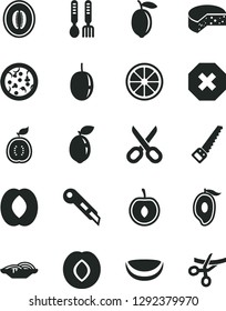 Solid Black Vector Icon Set - scissors vector, mark of injury, iron fork spoons, arm saw, stationery knife, cheese, pizza, slices onion, plum, half mango, peach, melon, cherry, passion fruit, lemon