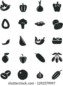 Solid Black Vector Icon Set - stick of sausage vector, slices onion, lettuce in a plate, cabbage, cucumber, chili, peper, garlic, coffee beans, quince, goji berry, Bell pepper, ripe, red, hot