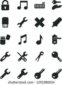 Solid Black Vector Icon Set - repair key vector, cross, small tools, adjustable wrench, door knob, lock, music, steel, text highlighter, keyboard, usb flash, note, arm with