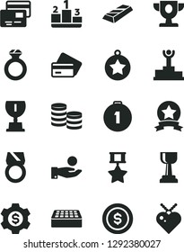 Solid Black Vector Icon Set - brick vector, cards, pedestal, coins, catch a coin, winner podium, prize, award, gold cup, star medal, first place, hero, ribbon, diamond ring, bar, dollar, gear