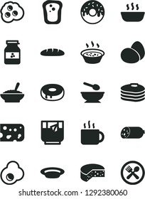 Solid Black Vector Icon Set - deep plate with a spoon vector, sausage, piece of cheese, eggs, loaf, cake hole, glazed, bowl buckwheat porridge, in saucepan, hot, cup tea, glass, fried egg, omelette