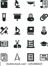 Solid Black Vector Icon Set - book vector, new abacus, writing accessories, square academic hat, clip, flask, scribed compasses, research article, scientific publication, test tube, microscope