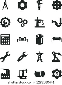 Solid Black Vector Icon Set - cogwheel vector, sewerage, gear, working oil derrick, power line, industrial building, tower crane, pipe, pipes, robot welder, Measuring compasses, steel repair key