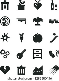 Solid Black Vector Icon Set - line chart vector, dust bin, broken heart, nightstand, apple, radish, three gears, bactery, graduate hat, earth core, bang, wine, bus, escalator, security gate, key