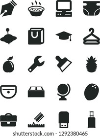 Solid Black Vector Icon Set - repair key vector, nappy, yule, sink, drawing, building block, putty knife, globe, bag with handles, hanger, porridge in a saucepan, guava, coconut, ripe pineapple