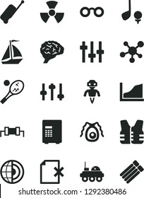 Solid Black Vector Icon Set - delete page vector, molecule, glasses, nuclear, brain, settings, bactery, growth graph, earth core, robot, lunar rover, resistor, sail boat, rolling case, tennis, safe