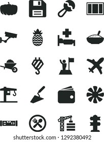 Solid Black Vector Icon Set - floppy disk vector, beanbag, crane, tower, hook, garden trolley, trowel, window frame, building level, a bowl of rice porridge, pineapple, pumpkin, wallet, fan, plane