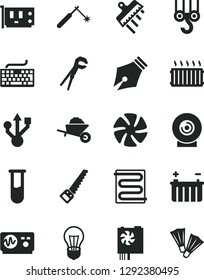 Solid Black Vector Icon Set - keyboard vector, winch hook, garden trolley, adjustable wrench, arm saw, spatula, heating coil, lens, battery, bulb, welding, aluminum radiator, fan, pc power supply