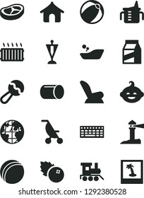 Solid Black Vector Icon Set - measuring cup for feeding vector, beanbag, car child seat, summer stroller, bath ball, baby, children's bathroom, funny hairdo, toy train, package, bacon, blueberries