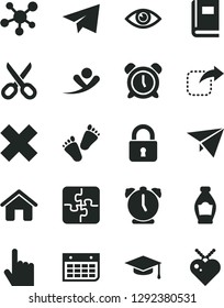 Solid Black Vector Icon Set - scissors vector, alarm clock, paper airplane, cross, children's tracks, Puzzles, house, lock, index finger, eye, move right, bottle, wall calendar, molecule, book