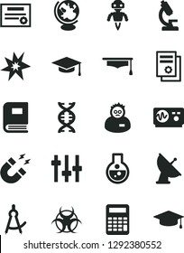 Solid Black Vector Icon Set - scientific publication vector, flask, microscope, dna, settings, book, biohazard, globe, oscilloscope, magnet, scientist, graduate hat, calculator, drawing compass