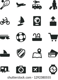 Solid Black Vector Icon Set - plane vector, camper, bus, bike, passenger, passport, ticket, baggage, credit card, pool, camera, tennis, transfer, map, shield, cart, lifebuoy, shark fin, windsurfing