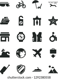 Solid Black Vector Icon Set - earth vector, bus, bike, security gate, plane, rolling case, getting baggage, beach, arnchair under umbrella, starfish, surfing, disabled, shield, store, life vest