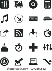 Solid Black Vector Icon Set - camera vector, laptop, plus, rss feed, music, regulator, move down, right, bottom arrow, birthday cake, keyboard, settings, calculator, stopwatch, confirm, dollar coin