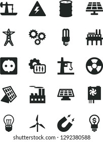 Solid Black Vector Icon Set - danger of electricity vector, solar panel, oil derrick, windmill, barrel, bulb, power line, socket, industrial building, enterprise, mercury light, radiation hazard