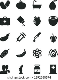 Solid Black Vector Icon Set - women vector, baby powder, medical bag, bath, tomato, jar of jam, strawberry, loquat, banana, half coconut, apple stub, ripe pepper, beans, cucumber, eggplant, atom
