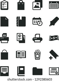 Solid Black Vector Icon Set - add bookmark vector, paper bag, clean sheet of, folder, archive, book, picture, notebook, survey, cup popcorn, text highlighter, dollar, statistical research, printer