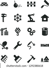 Solid Black Vector Icon Set - tower crane vector, dwelling, hook, concrete mixer, new roller, building level, ceramic tiles, putty knife, spatula, pavement, hammer with claw, core, pipes, repair key