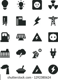 Solid Black Vector Icon Set - danger of electricity vector, matte light bulb, power socket type b, lightning, electronic boiler, storm cloud, a bowl buckwheat porridge, big solar panel, gas station