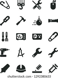 Solid Black Vector Icon Set - repair key vector, safety pin, open, electronic thermometer e, iron fork spoons, winch hook, big core, small tools, cordless drill, construction level, drawing, helmet