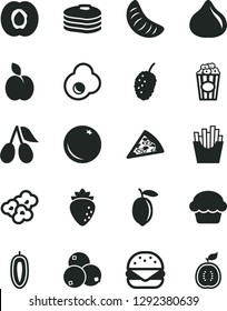 Solid Black Vector Icon Set - piece of pizza vector, big burger, cake, French fries, popcorn, cup, fried egg, apple, pancakes, orange, half apricot, raspberry, cornels, fig, blueberries, lemon