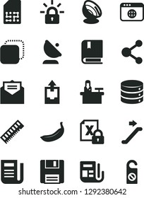Solid Black Vector Icon Set - upload archive data vector, e, received letter, big, copy, banana, satellite antenna, SIM, connection, morning paper, newspaper, encrypting, memory, browser, floppy